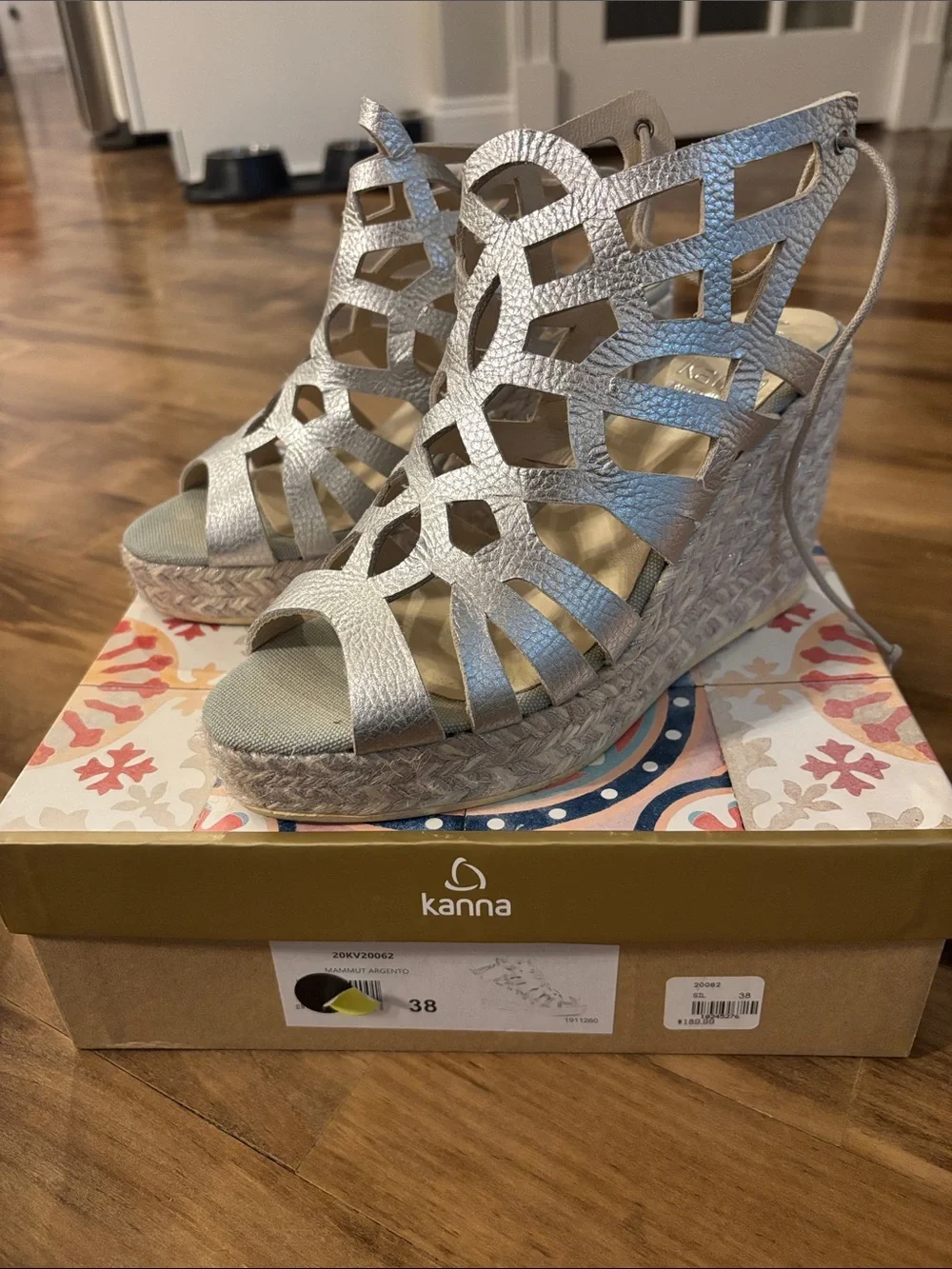 kanna Silver Cutout Espadrille Wedge Sandals